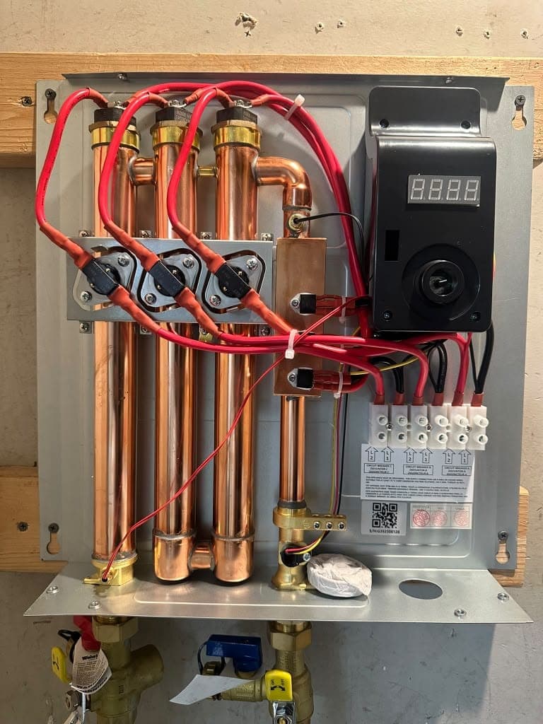 Wiring and heating elements inside an electric tankless water heater